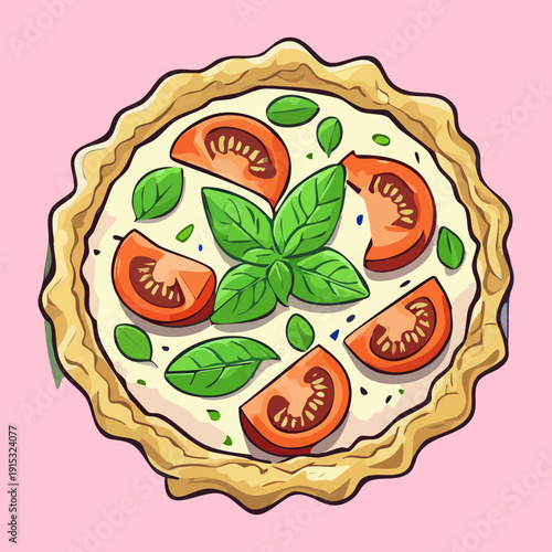 Freshly baked vegetable tart with tomatoes and herbs for healthy snack and organic bakery product design - Vector Illustration
