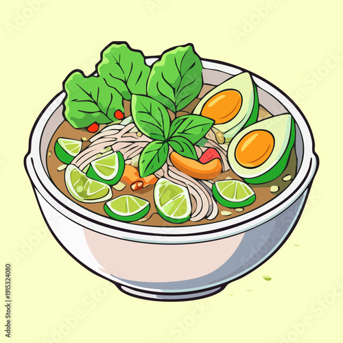 Asian noodle soup with boiled eggs and fresh greens for healthy meal and organic cuisine theme - Vector Illustration