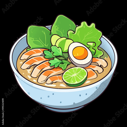 Healthy ramen bowl with boiled egg and fresh vegetables for nutritious asian dinner and restaurant menu - Vector Illustration