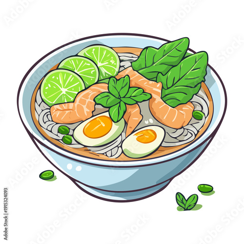 Noodle soup bowl with boiled eggs and fresh herbs for healthy asian cuisine and dinner menu - Vector Illustration