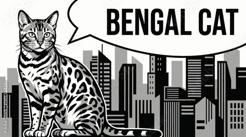 bengal cat breed domestic feline pet animal portrait with spotted fur muscular body sharp eyes detailed realistic illustration