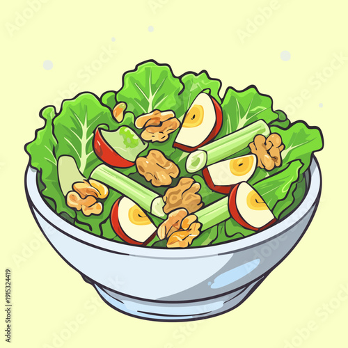 Fresh garden salad with lettuce walnuts and apple slices for healthy organic lifestyle and nutrition - Vector Illustration