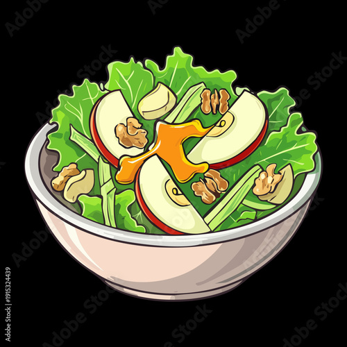 Healthy apple and lettuce salad bowl with walnuts for organic nutrition and fresh vegan lunch - Vector Illustration