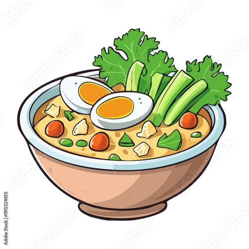 Delicious bowl of noodle soup with boiled egg and fresh green vegetables for healthy lunch - Vector Illustration