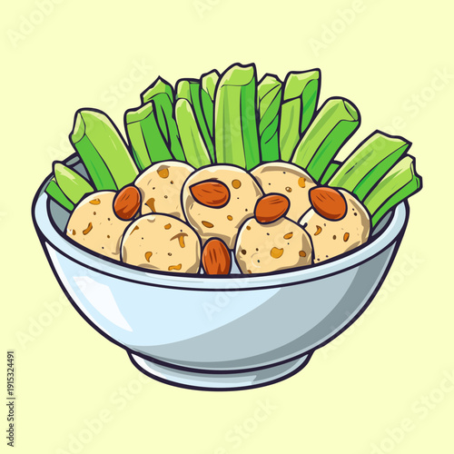 Bowl of steamed dumplings with fresh celery stalks for healthy asian style organic snack meal - Vector Illustration