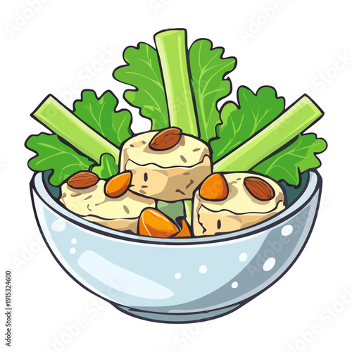 Asian style dumplings in a bowl with fresh celery for healthy organic nutrition and snack - Vector Illustration