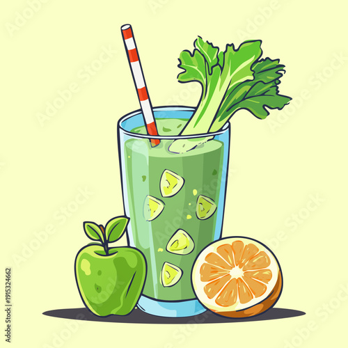 Refreshing green smoothie with celery orange and apple for healthy organic detox and vitamin boost - Vector Illustration