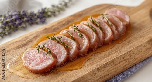 Duck breast slices arranged...