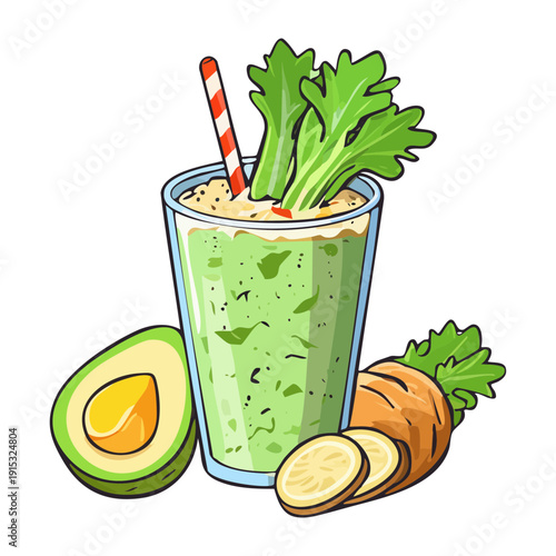 Refreshing celery and avocado smoothie for healthy organic detox and green lifestyle nutrition energy boost - Vector Illustration