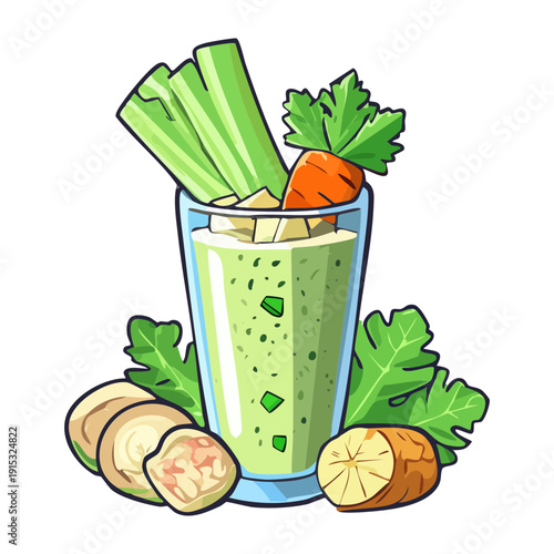 Fresh green celery juice with ginger and lemon for healthy organic detox and immune boost - Vector Illustration