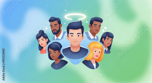 Diverse group of people with angel halo around leader symbolizing guidance and community support