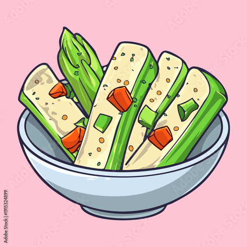 Fresh sliced vegetables with tofu in a bowl for healthy organic vegan meal and nutrition - Vector Illustration