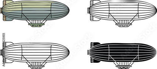 Airship silhouette & Outline and illustration set isolated on transparent background
