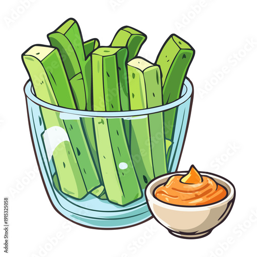 Sliced celery stalks in a glass with spicy dip for healthy organic appetizer and snack - Vector Illustration