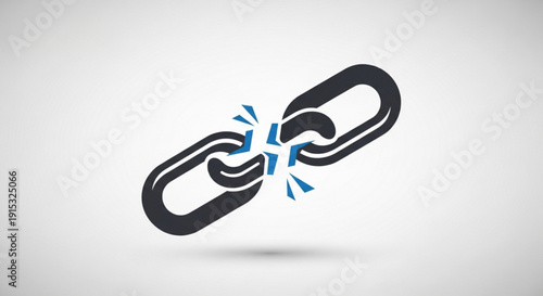 Breaking free chain link with shattered bond on gray background
