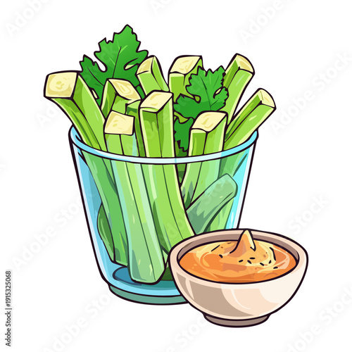 Fresh celery sticks with dipping sauce in a glass for healthy organic snack and nutrition - Vector Illustration