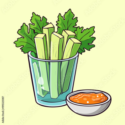 Fresh celery stalks in a container with dipping sauce for healthy organic snack and diet - Vector Illustration