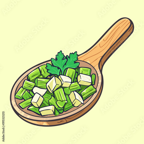 Chopped celery and vegetables on a wooden spoon for healthy organic cooking and meal preparation - Vector Illustration