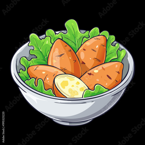 Bowl of fried snacks with fresh green leaves for tasty organic treat and party food - Vector Illustration