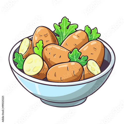 Bowl of small potatoes with fresh green herbs for healthy organic side dish and meal - Vector Illustration