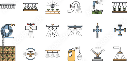Garden Irrigation and Watering System Icon Vector Set Featuring Sprinklers, Hoses, Valves, Drip Lines, and Automatic Plant Watering Equipment