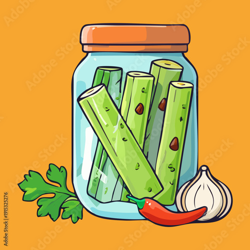 Pickled celery stalks in a jar with garlic and chili for healthy organic snack preservation - Vector Illustration