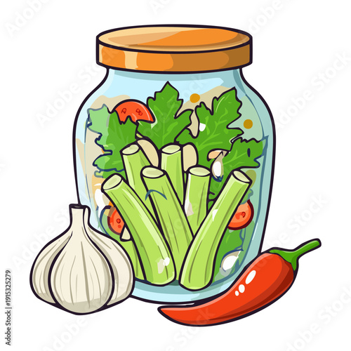 Glass jar of pickled celery with garlic for healthy organic food storage and tasty snacks - Vector Illustration