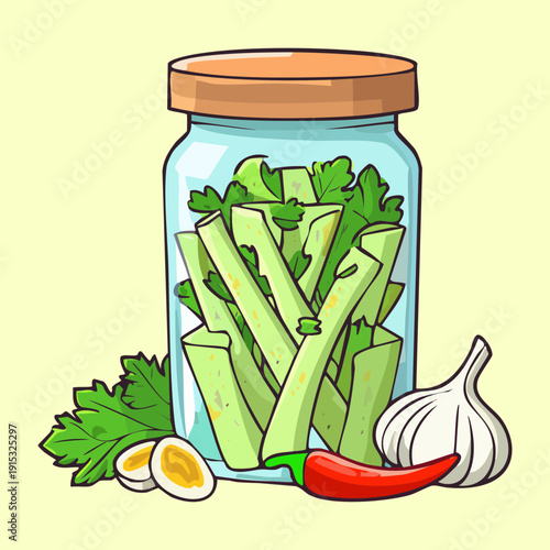 Jar of preserved celery stalks with garlic and herbs for healthy organic kitchen pantry snacks - Vector Illustration