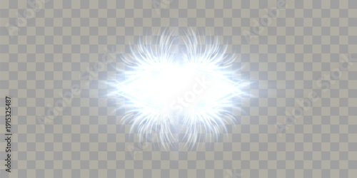 Bright white light burst with symmetric feather like rays and soft glow, isolated on transparent background. Abstract luminous flare with a radiant center for cinematic overlay effects.