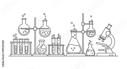 Linear arrangement of laboratory glassware and a microscope in a black and white illustration