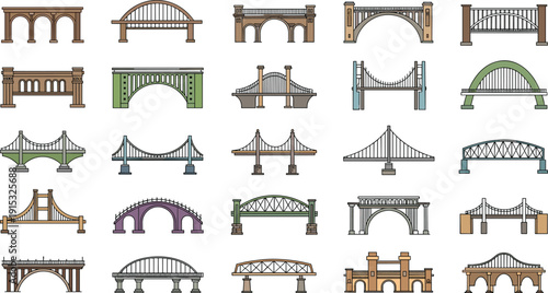 Bridge Architecture Vector Set Featuring Arched, Suspension, Stone, and Decorative Bridges for Urban Landscape, Travel, and Infrastructure Designs