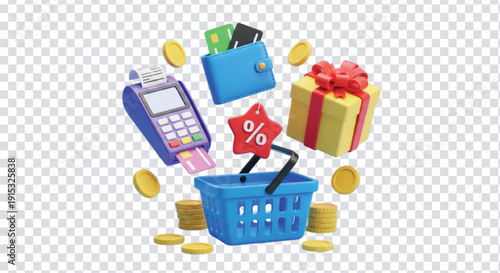 3D illustration of a blue shopping basket with a red percentage sign, surrounded by a payment terminal, wallet with cards, gift box, and coins.
