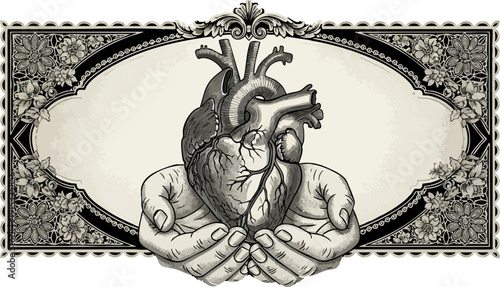 Vintage vector illustration of human hands gently holding an anatomical hear