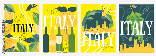 Set of 4 posters, Italy vibes, colorful, whimsical, 