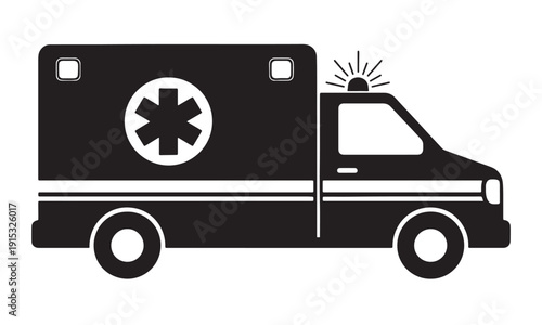 A black and white illustration of an ambulance with a medical symbol on the side Vector