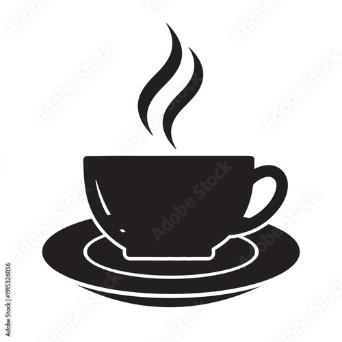 A steaming cup of coffee on a saucer, black and white illustration Vector