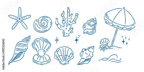 Nautical seashell and coral collection. Coastal beach elements in blue line art for bachelorette trip decor.