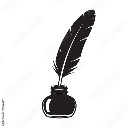A classic black and white illustration of a quill pen in an inkwell Vector
