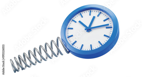 Blue analog clock with a white face and blue hands is attached to a coiled metal spring, depicting a whimsical and playful design.