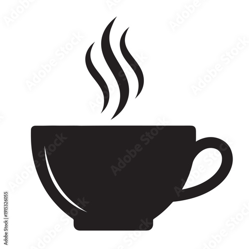 A steaming cup of coffee with rising vapor lines, depicted in black and white. Vector