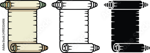 Antique parchment scroll silhouette & Outline and illustration set isolated on transparent background