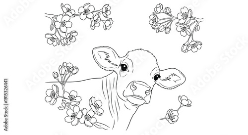 Young calf surrounded by blooming flowers in garden