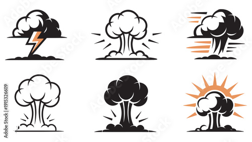 Bomb blast and explosion icon set, monochrome mushroom clouds, war, destruction, power, vector illustration, danger and hazard symbol concept