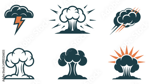 Explosion and bomb blast icons, monochrome mushroom clouds, symbolizing war, destruction, power, vector illustration, danger and impact design elements