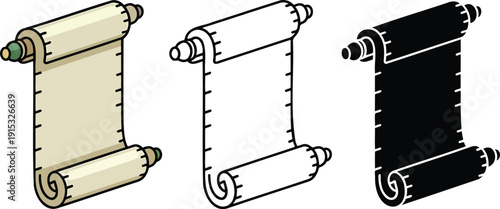 Antique parchment scroll silhouette & Outline and illustration set isolated on transparent background