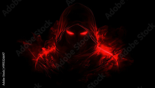 Dark hooded figure with glowing red eyes and smoke effect around body