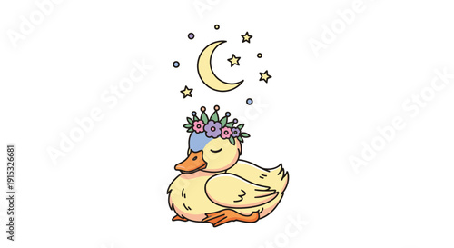 Duck with flower crown under moon and stars