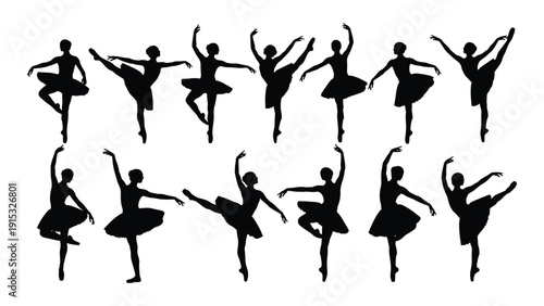 Elegant silhouettes of ballerinas in various ballet poses isolated on white background, Vector