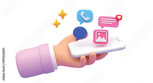 3D illustration of a hand holding a smartphone with floating social media icons, including chat bubbles, a call symbol, and images, conveying connectivity.
