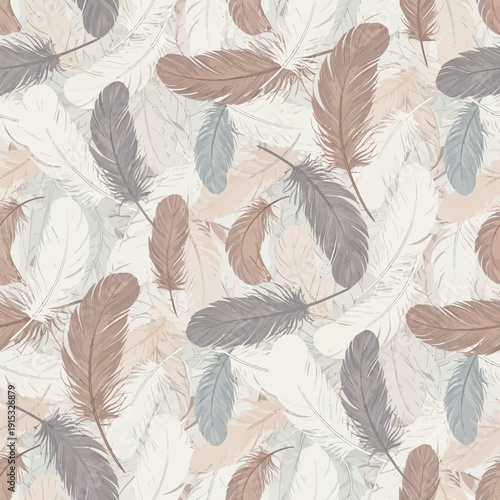 Soft pastel feathers compose a beautiful seamless pattern, offering a delicate and airy background texture. Perfect for serene designs, textile art, and decorative elements